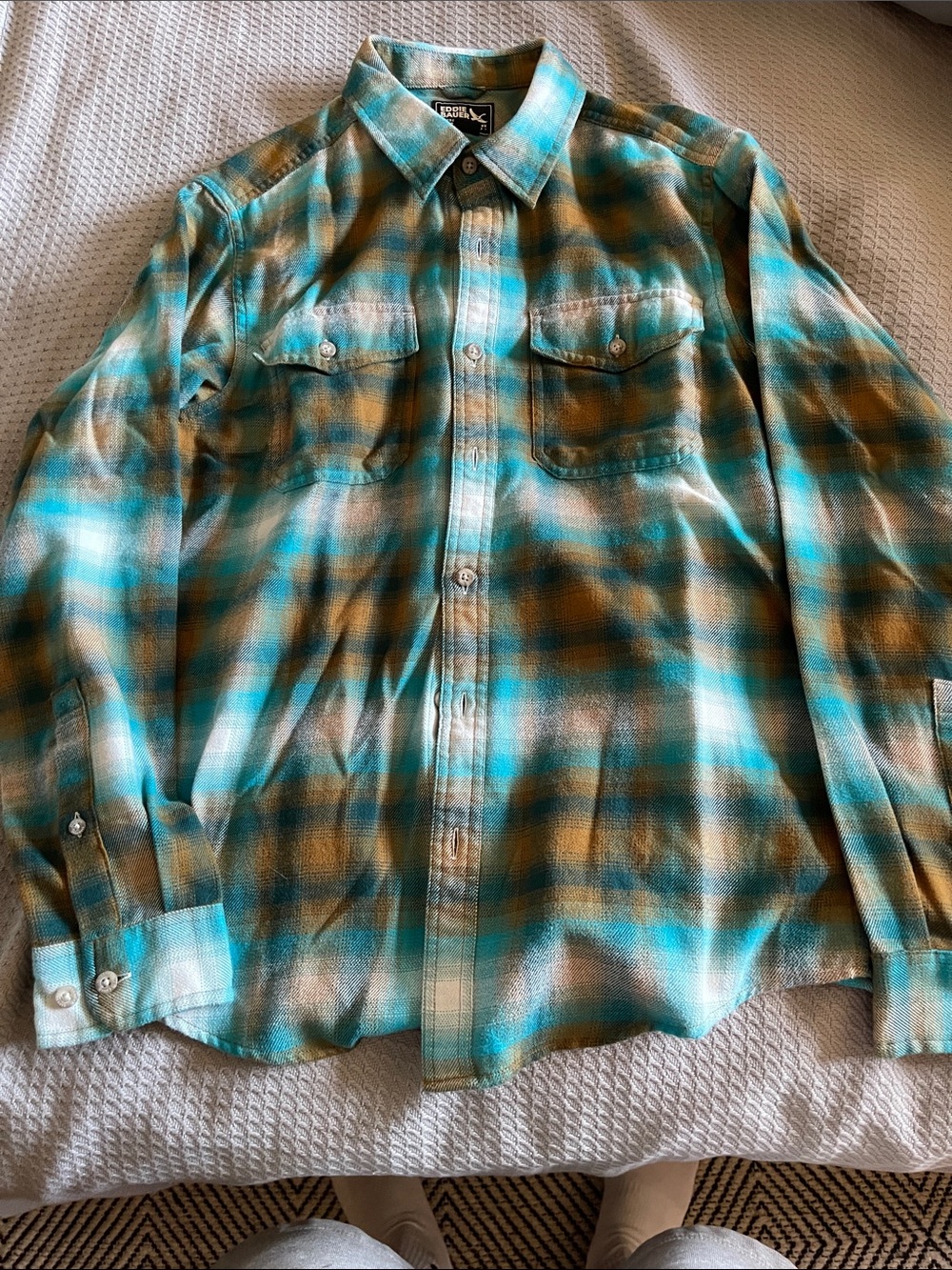 Eddie Bauer Teal and Mustard Plaid Flannel Shirt